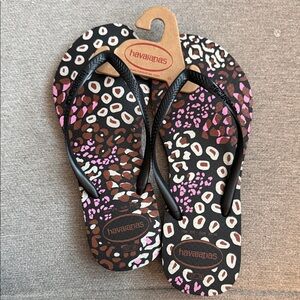 Havaianas Women's Black Leopard Print Sandals with Brown & Pink Accents